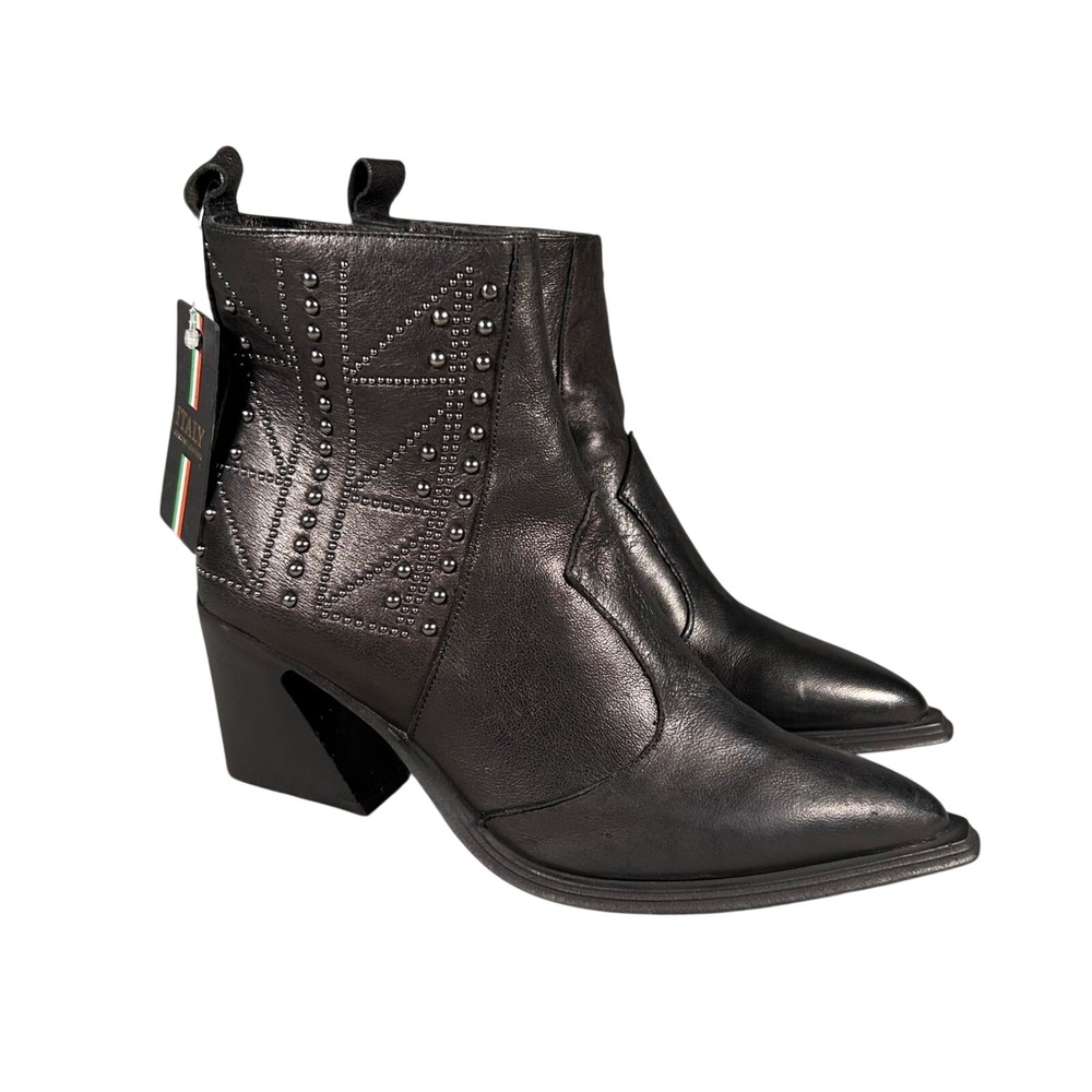 Emanuele Crasto Ankle Boots Heeled Black Leather Studded Pointed US 8.5 Italy
